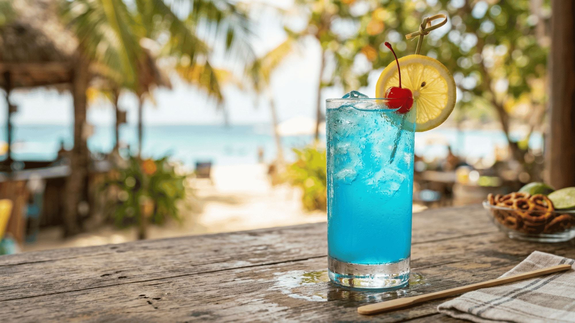 Blue Lagoon cocktail with lemon and cherry garnish served on a rustic beachside wooden table.