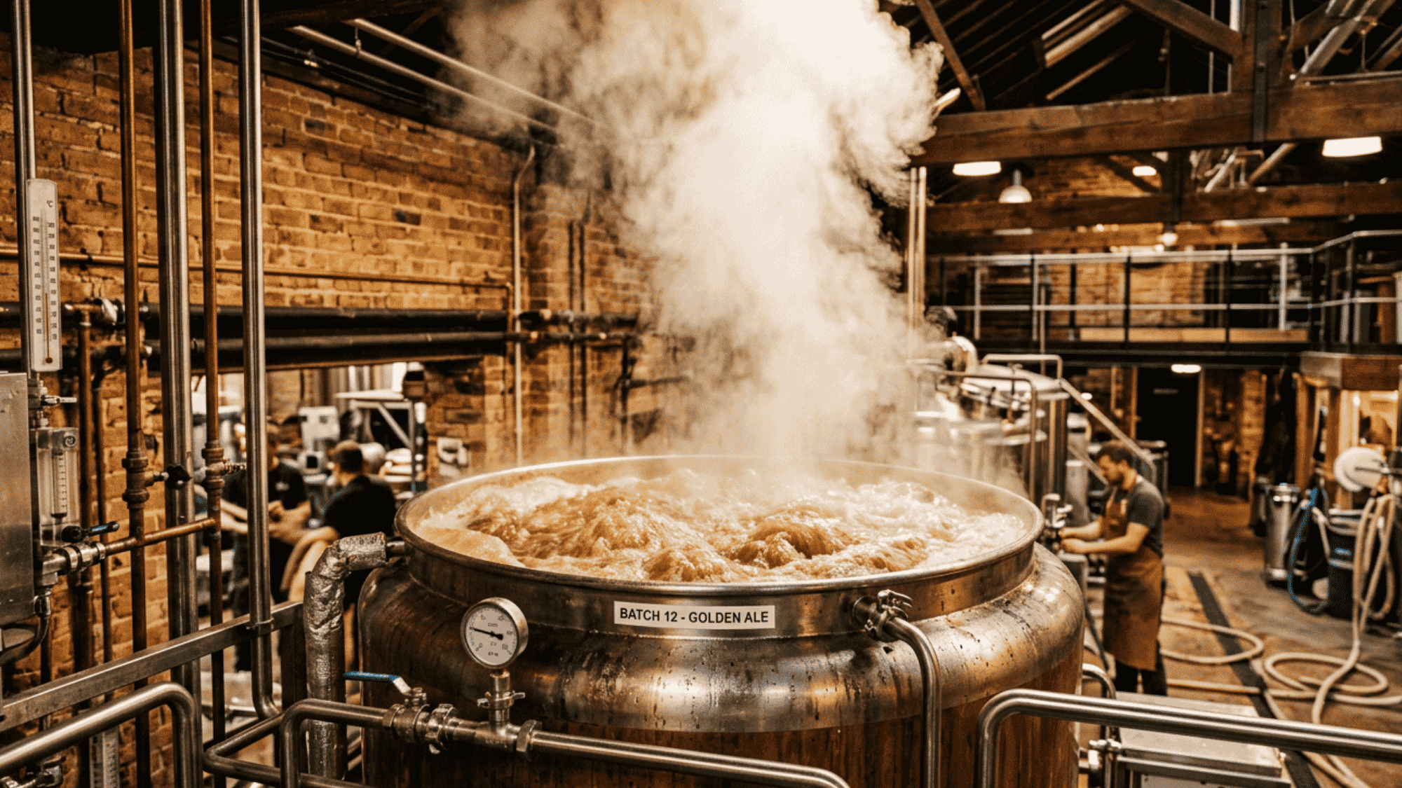 A bearded brewer in a leather apron tosses dried hops into a boiling brew kettle, with steam rising inside a rustic brick brewery.