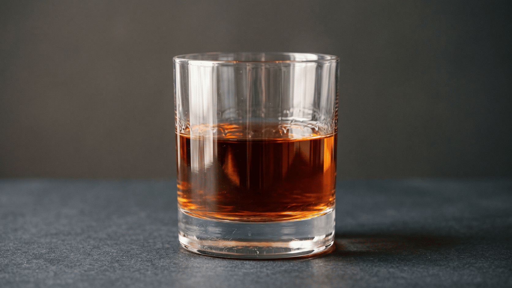 Close-up of bourbon whiskey in a glass, amber liquid, soft studio lighting on neutral background.