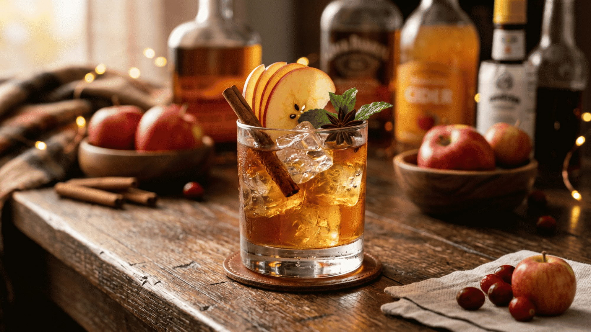 Bourbon apple cocktail with apple slices and cinnamon garnish on table