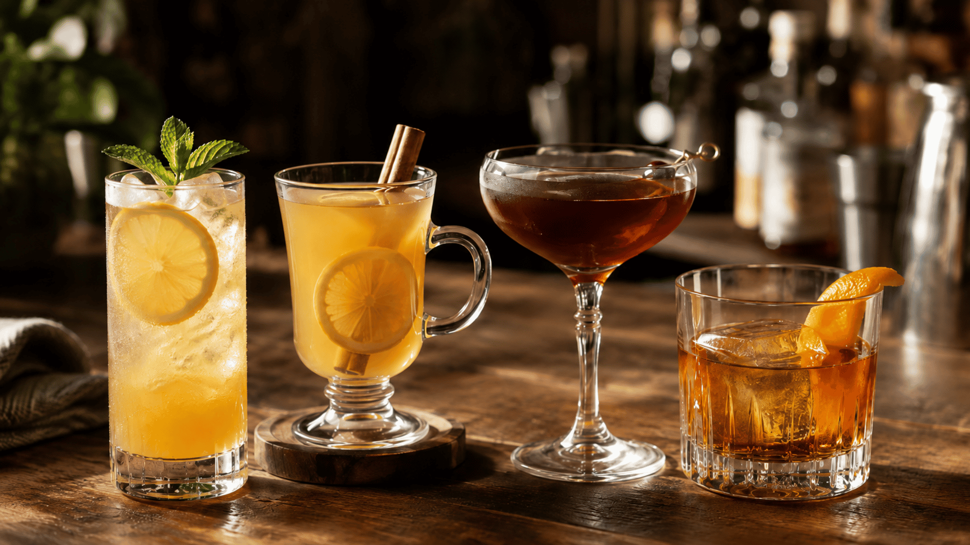 Bourbon cocktails for seasons and occasions on a warm wooden bar table