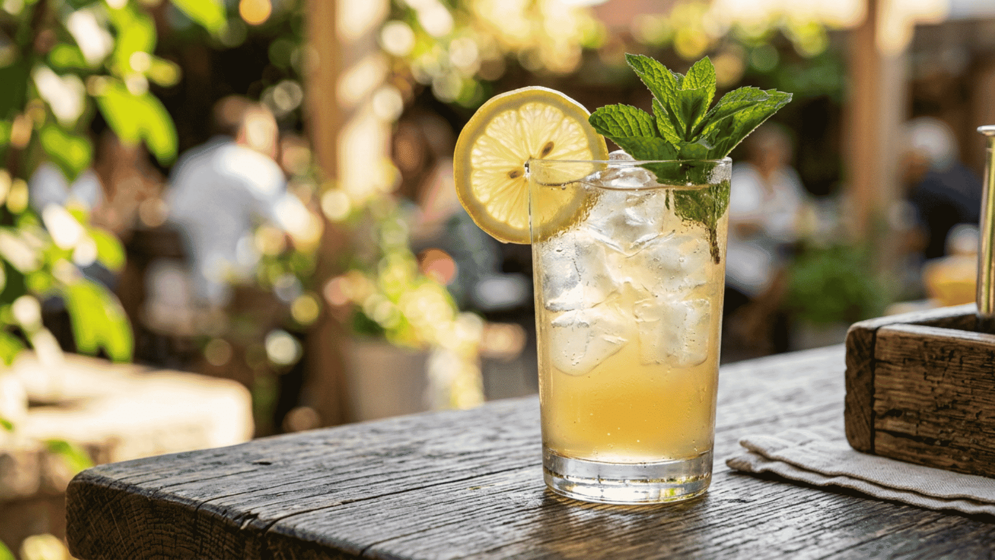 Bourbon lemonade with lemon and mint on an outdoor wooden table