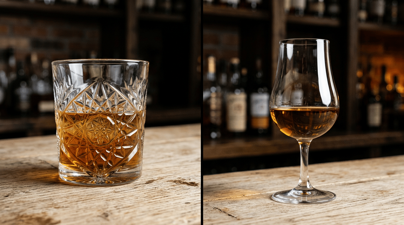 Side-by-side whiskey glasses: a crystal rocks glass and a Glencairn tasting glass, each holding amber whiskey on a wooden bar.