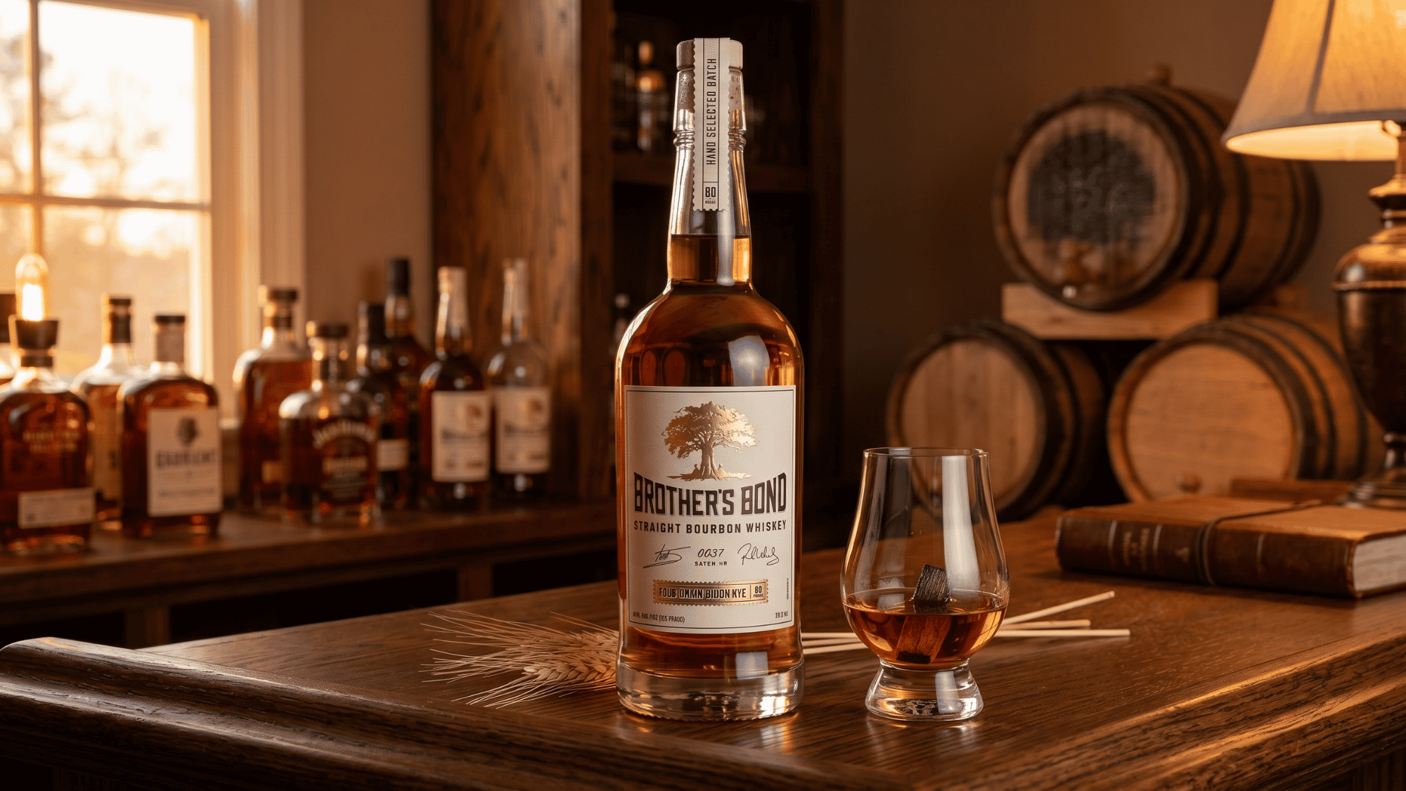 A bourbon whiskey bottle and glass on cozy home bar with warm amber light