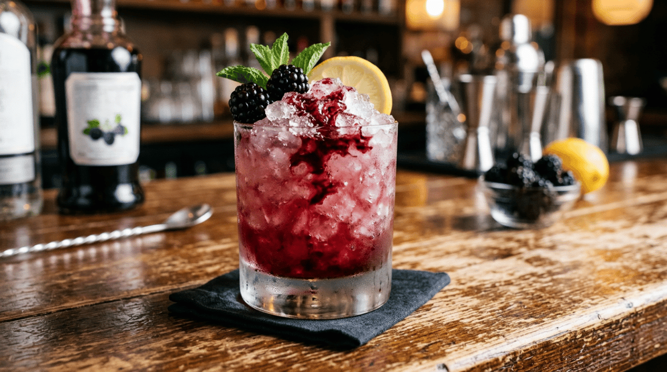 Bramble cocktail garnished with fresh blackberries