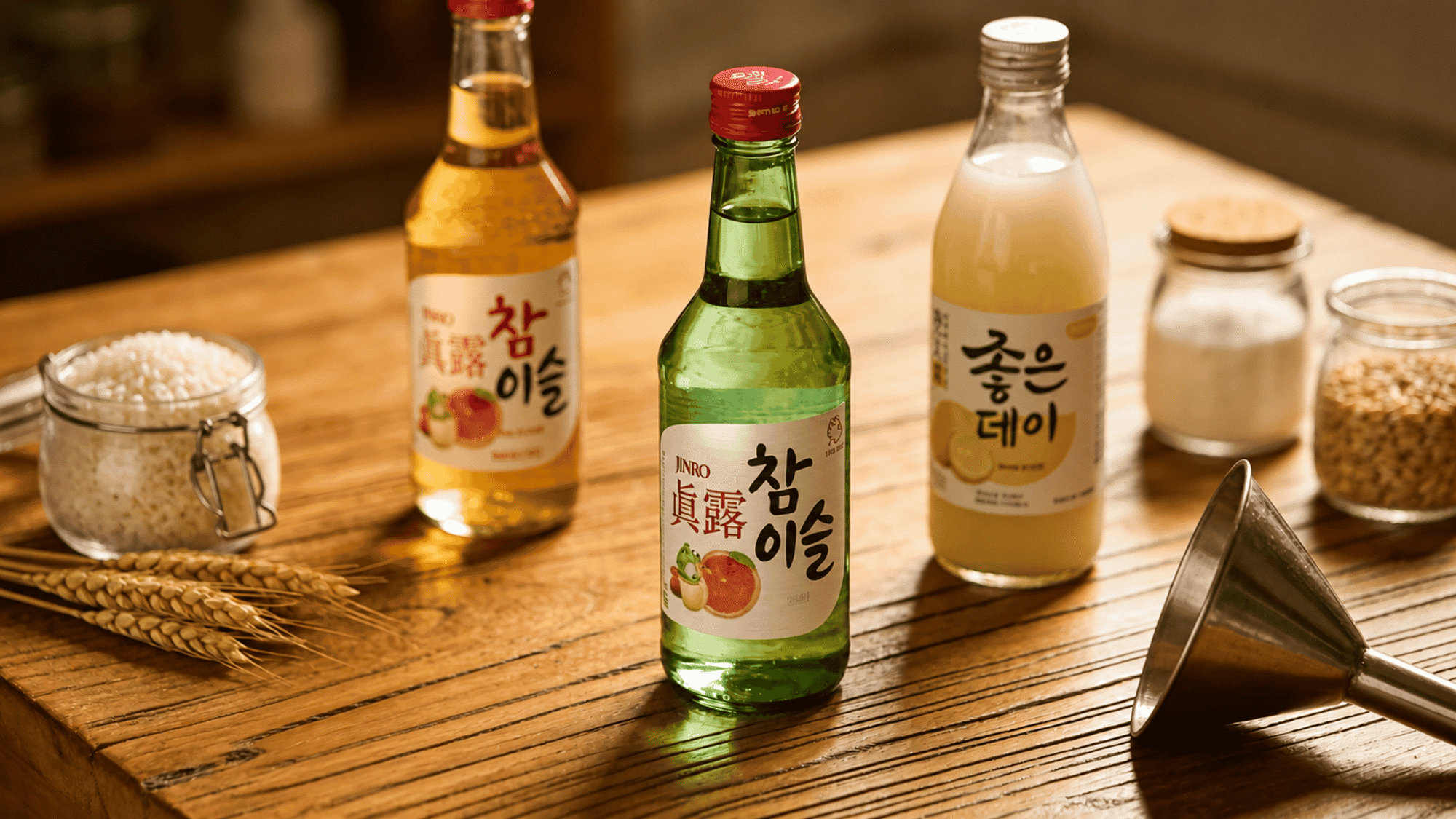 Three soju bottles on a wooden table with rice, wheat, grain jars, a metal funnel, and a soju brewing recipe note