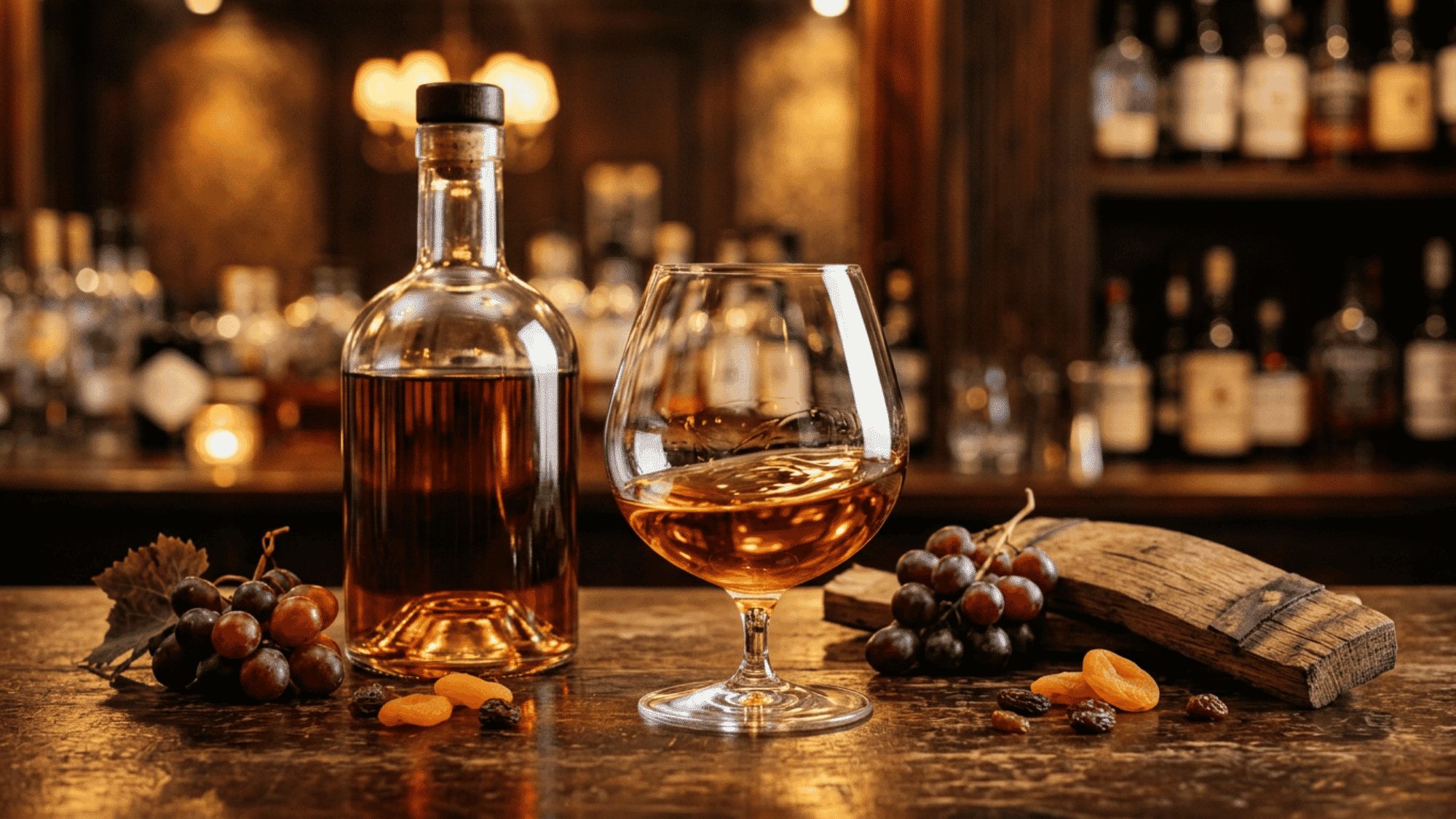 Brandy bottle and snifter on a wooden bar with warm pub lights behind