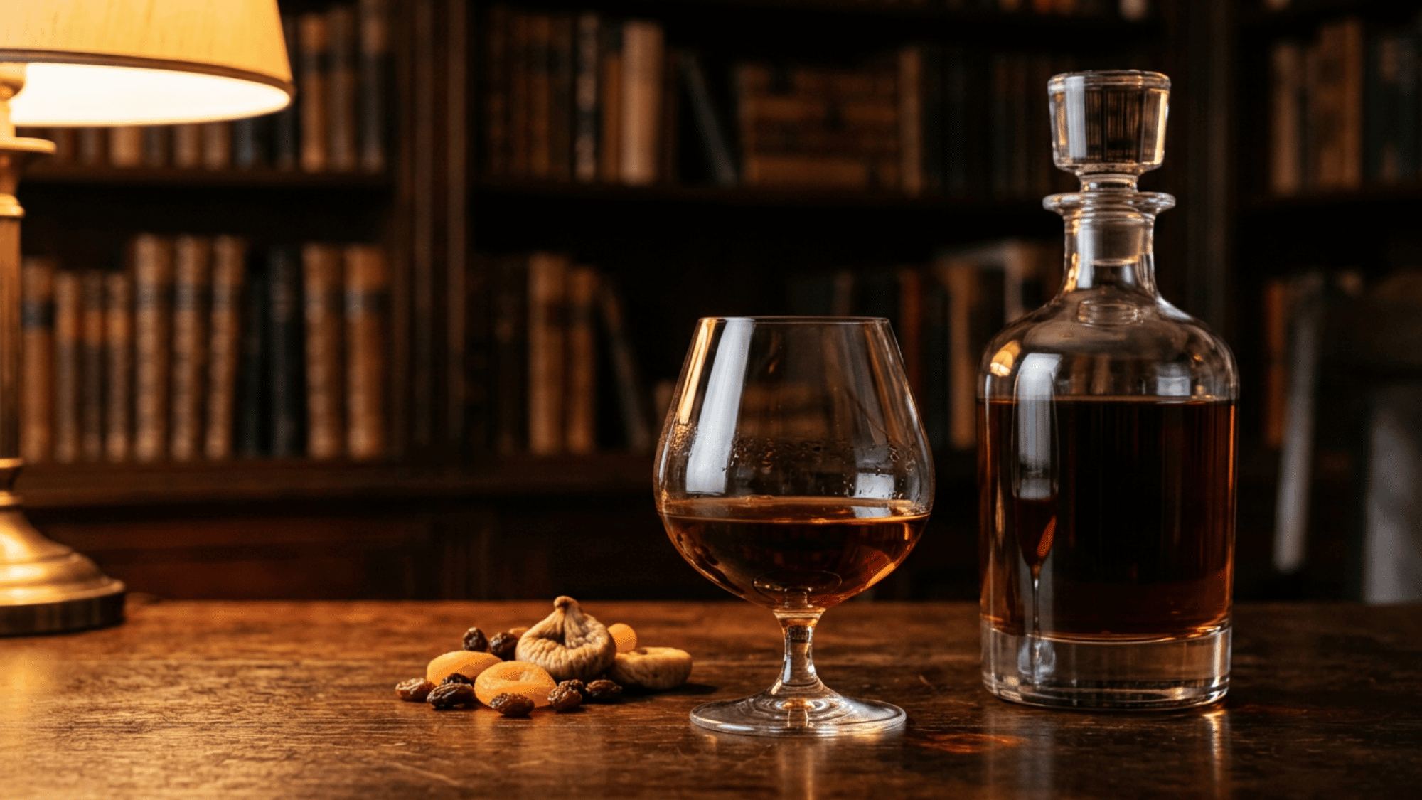 Brandy bottle and snifter glass on wooden table with warm indoor lighting