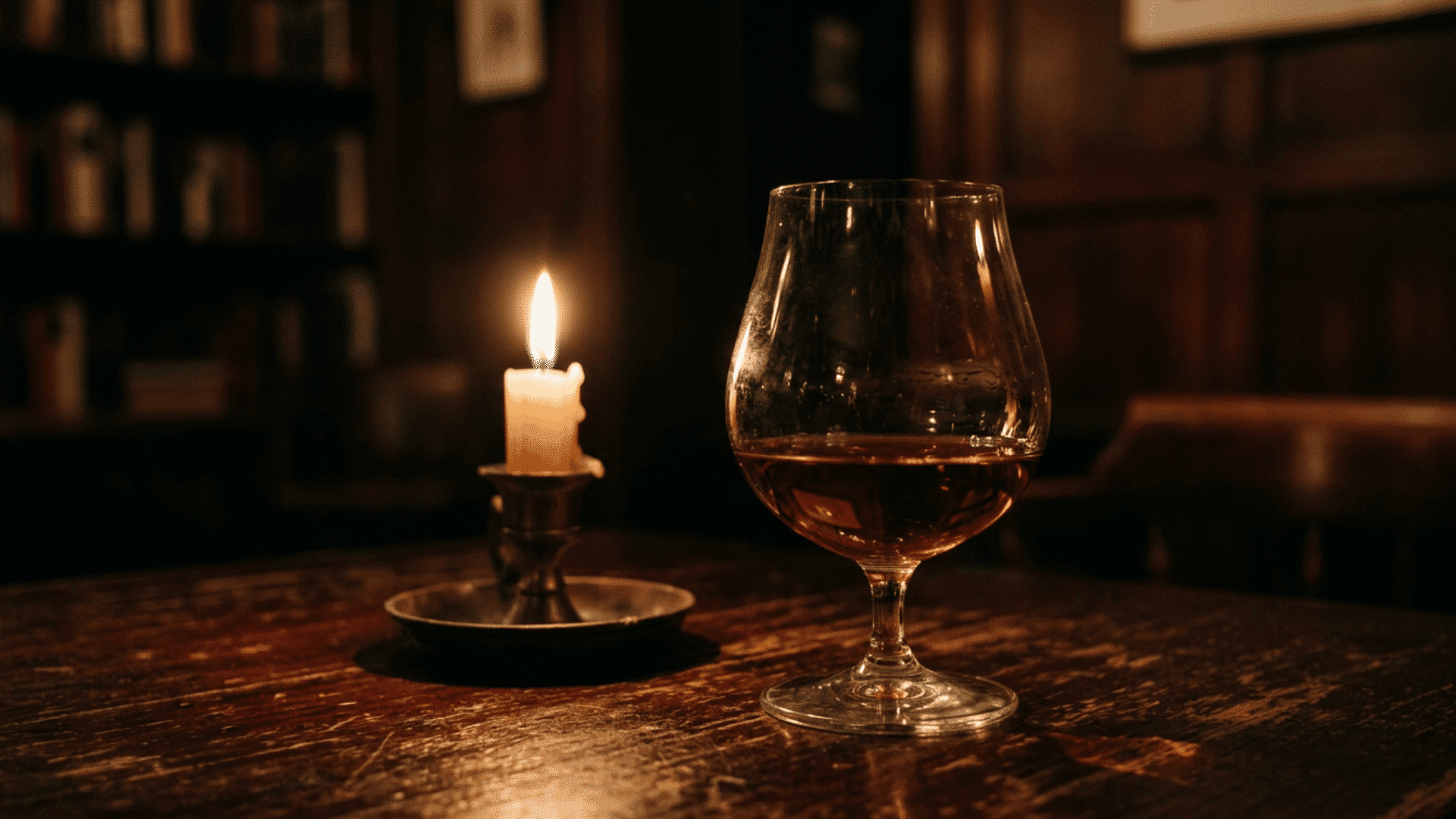 Tulip snifter glass of amber brandy beside flickering candle