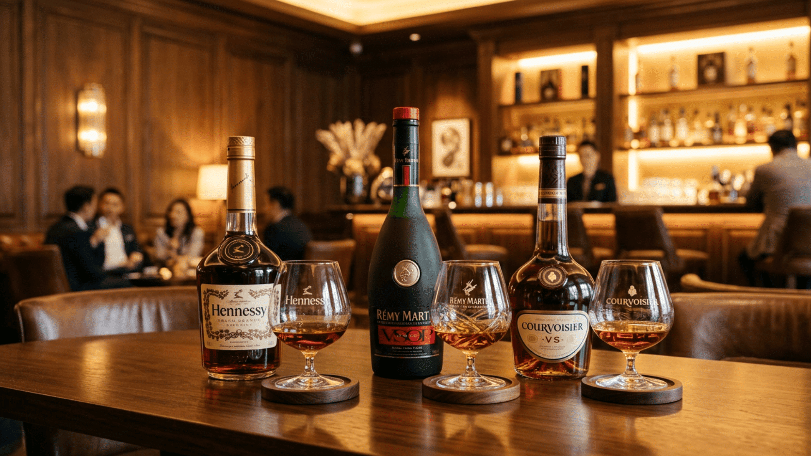Premium brandy bottles with crystal snifters on a wooden table in an elegant cocktail lounge.