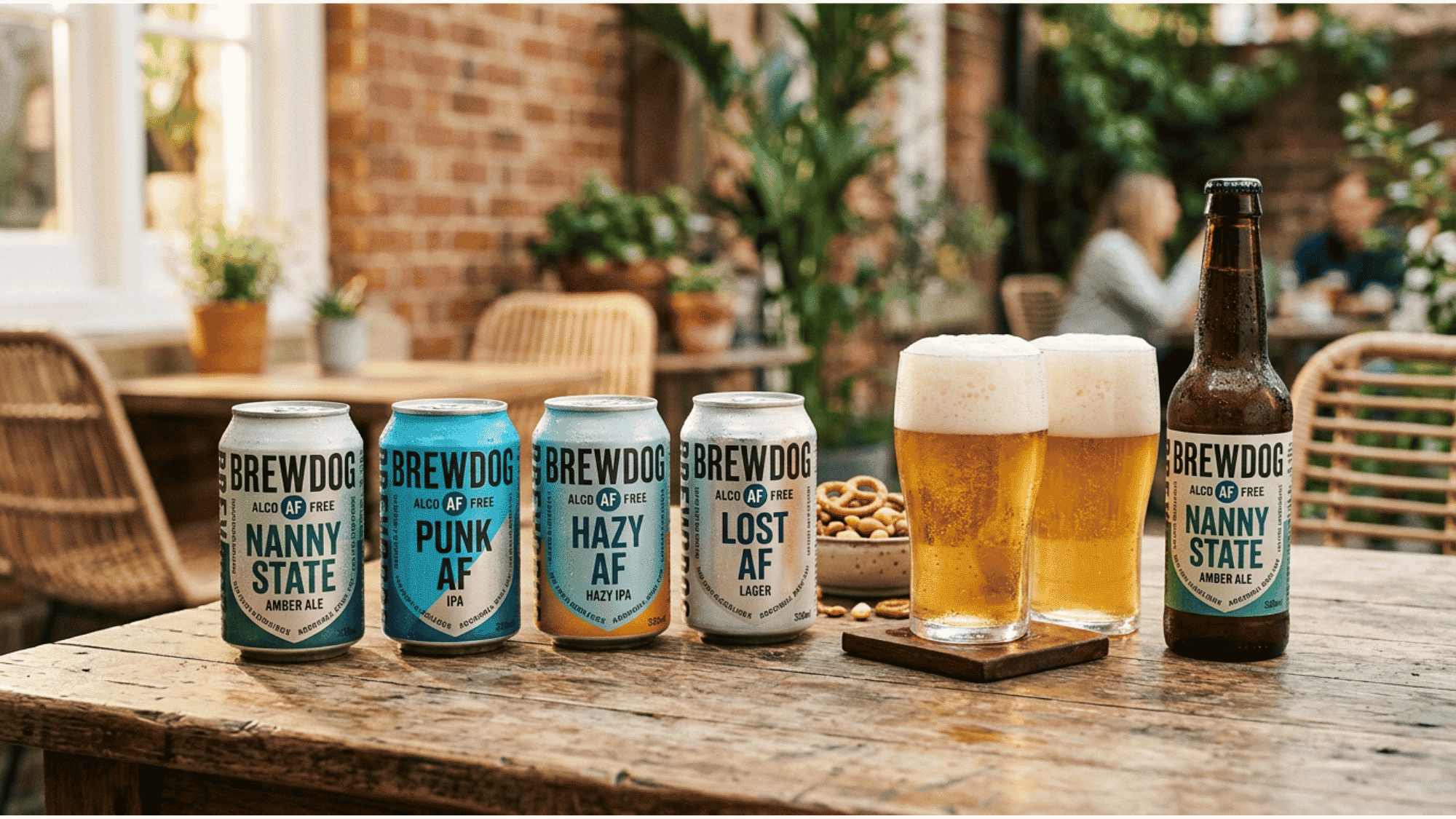 BrewDog AF cans and bottle with foamy beer glasses on patio table