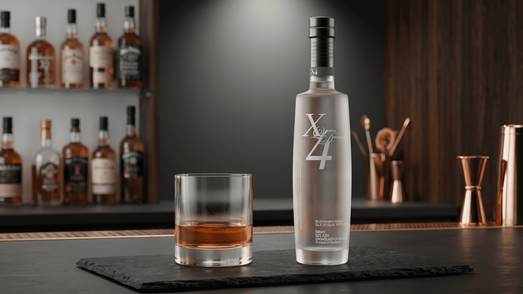 Bruichladdich X4 whisky bottle beside rocks glass on slate board at bar