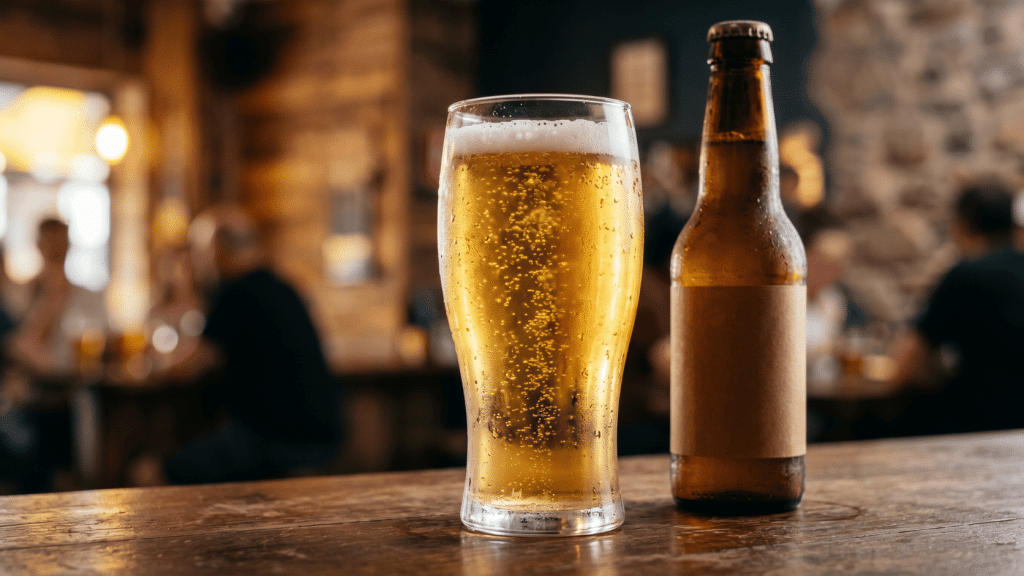 Chilled golden beer in glass beside bottle on wooden bar with pub background.