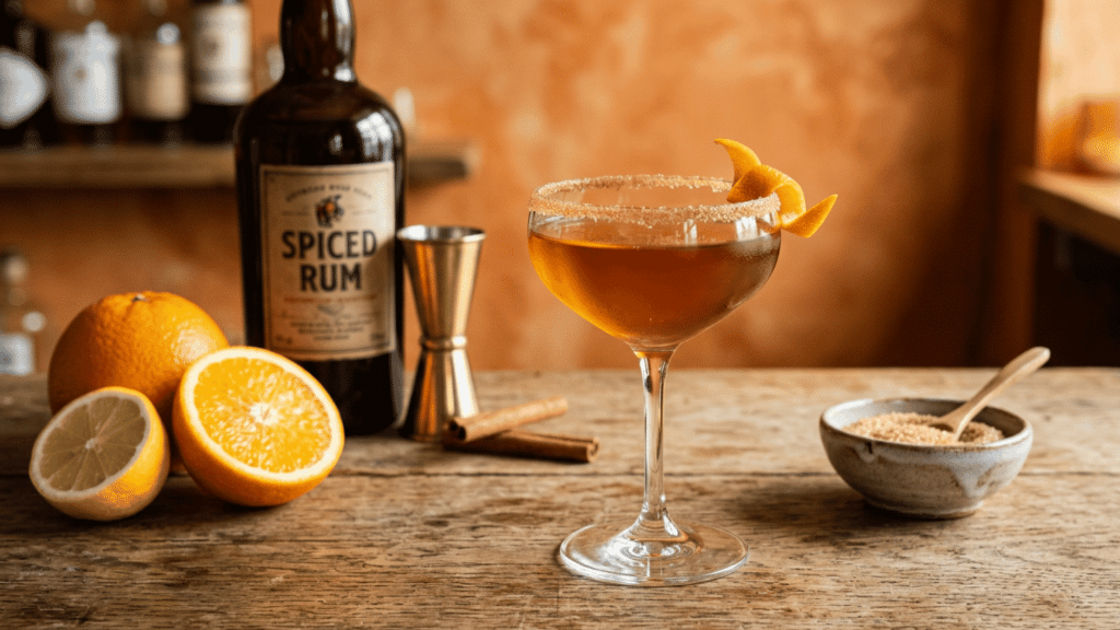 A Cable Car cocktail in a sugar-rimmed coupe glass next to a bottle of spiced rum.