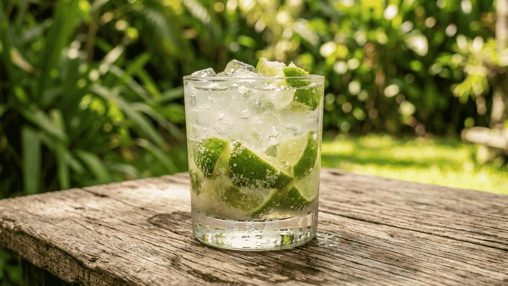Caipirinha with muddled lime, sugar, and crushed ice in a rocks glass