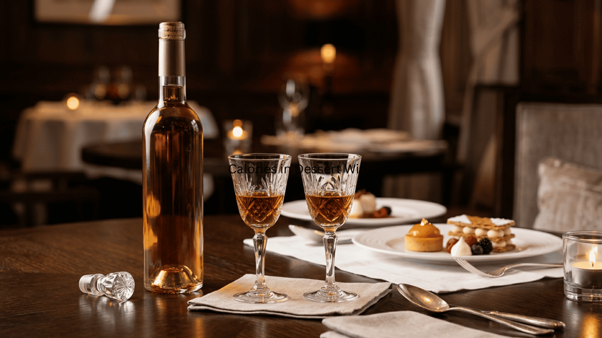 Dessert wine bottle and small crystal glasses on luxury dessert table in warm fine dining setting.