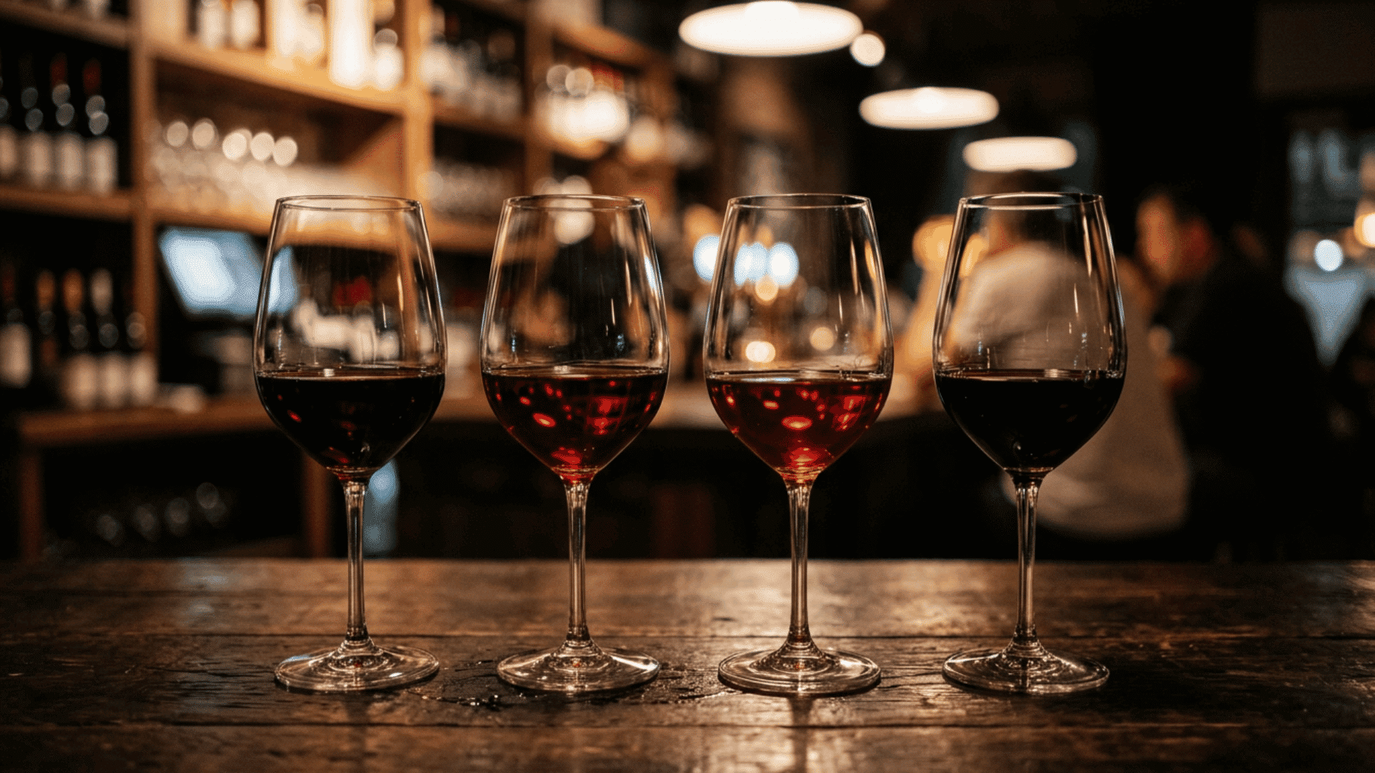 Red wine glasses on dark wooden table in moody bar setting with warm lighting
