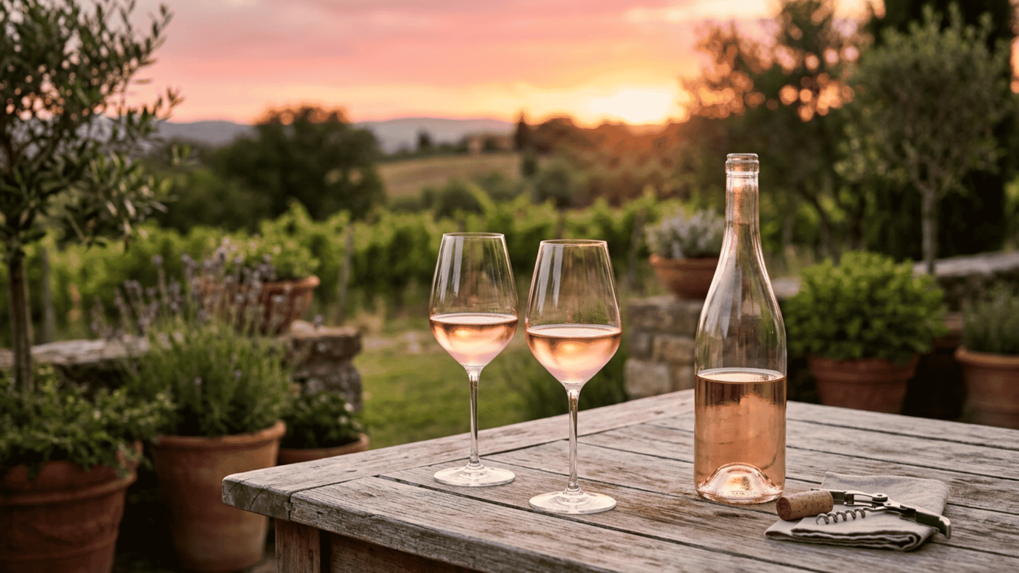 Rosé wine bottle and glasses on outdoor patio at sunset with soft warm golden light.