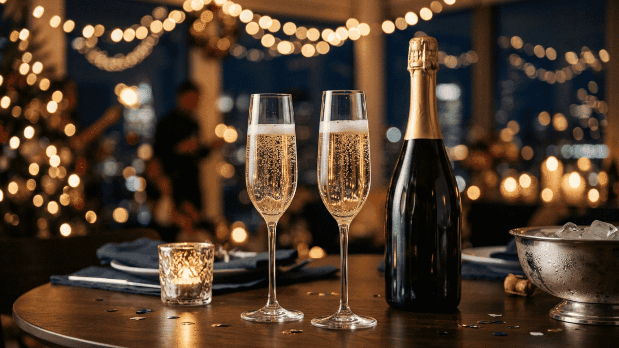 Sparkling wine bottle and flutes with bubbles in festive evening setting with bokeh lights.