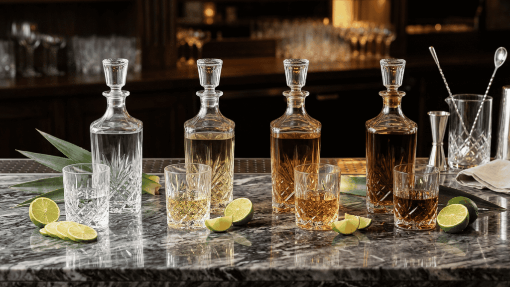 Four glass decanters filled with varying shades of tequila set on a dark marble counter with lime slices.