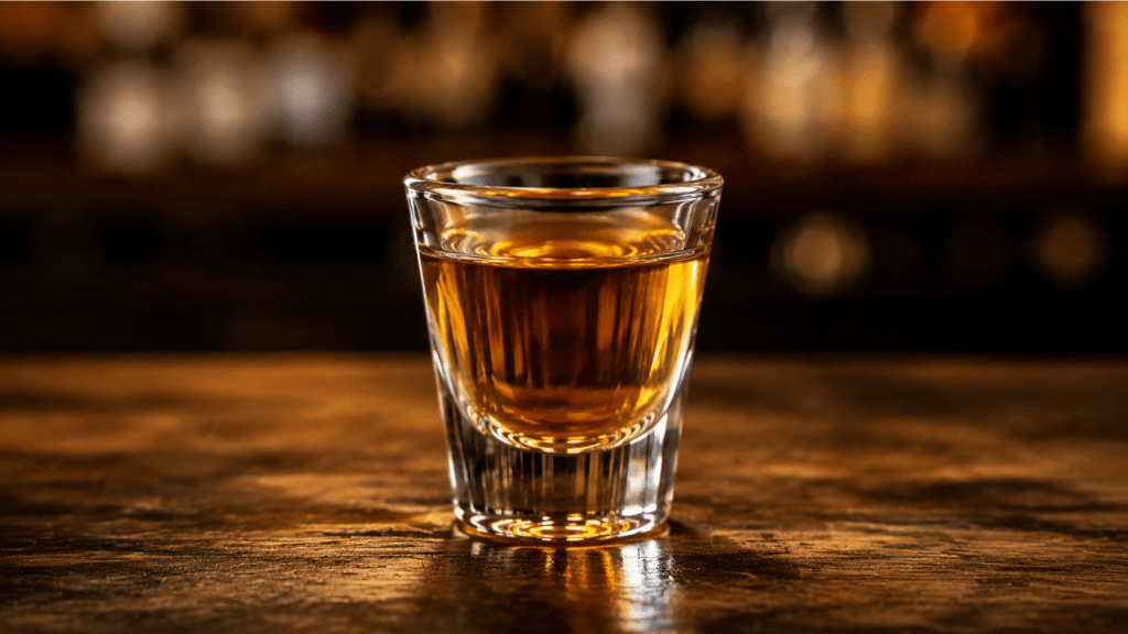 Close-up shot of whiskey in a glass, warm amber color, soft bar lighting, shallow depth of fieldshot.