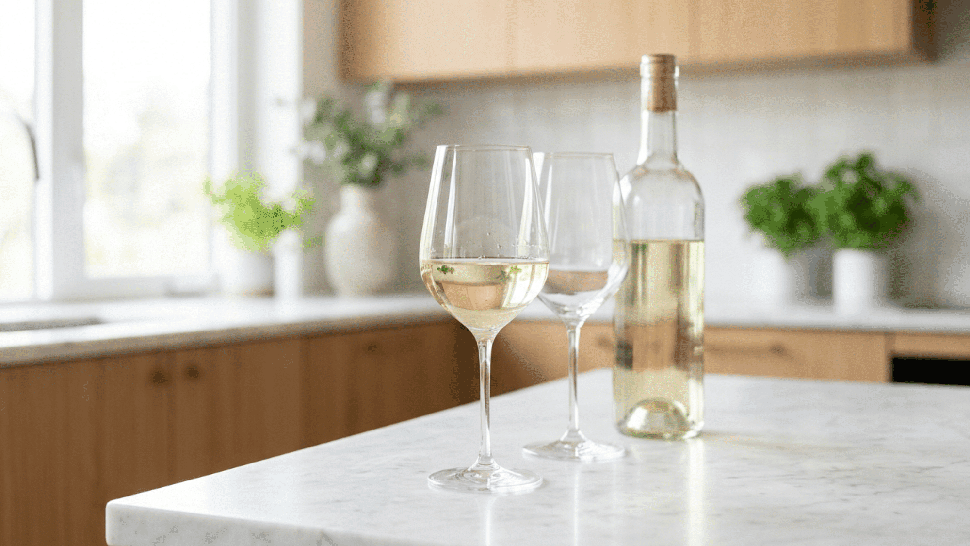 White wine glasses and bottle on bright modern kitchen marble counter with natural daylight.