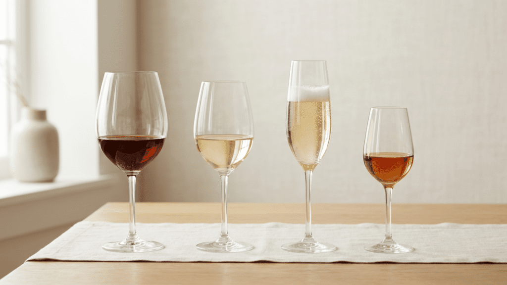 Four wine glasses showing red white rosé and sparkling on clean table representing calorie comparison