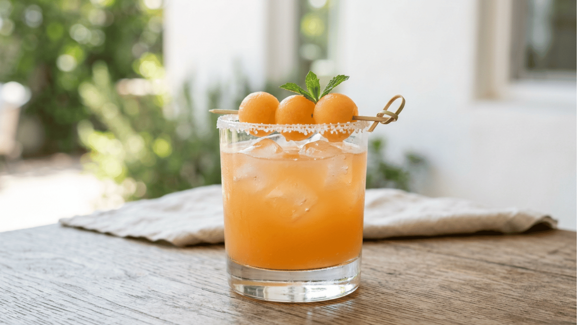 Cantaloupe margarita with soft orange color and melon ball garnish