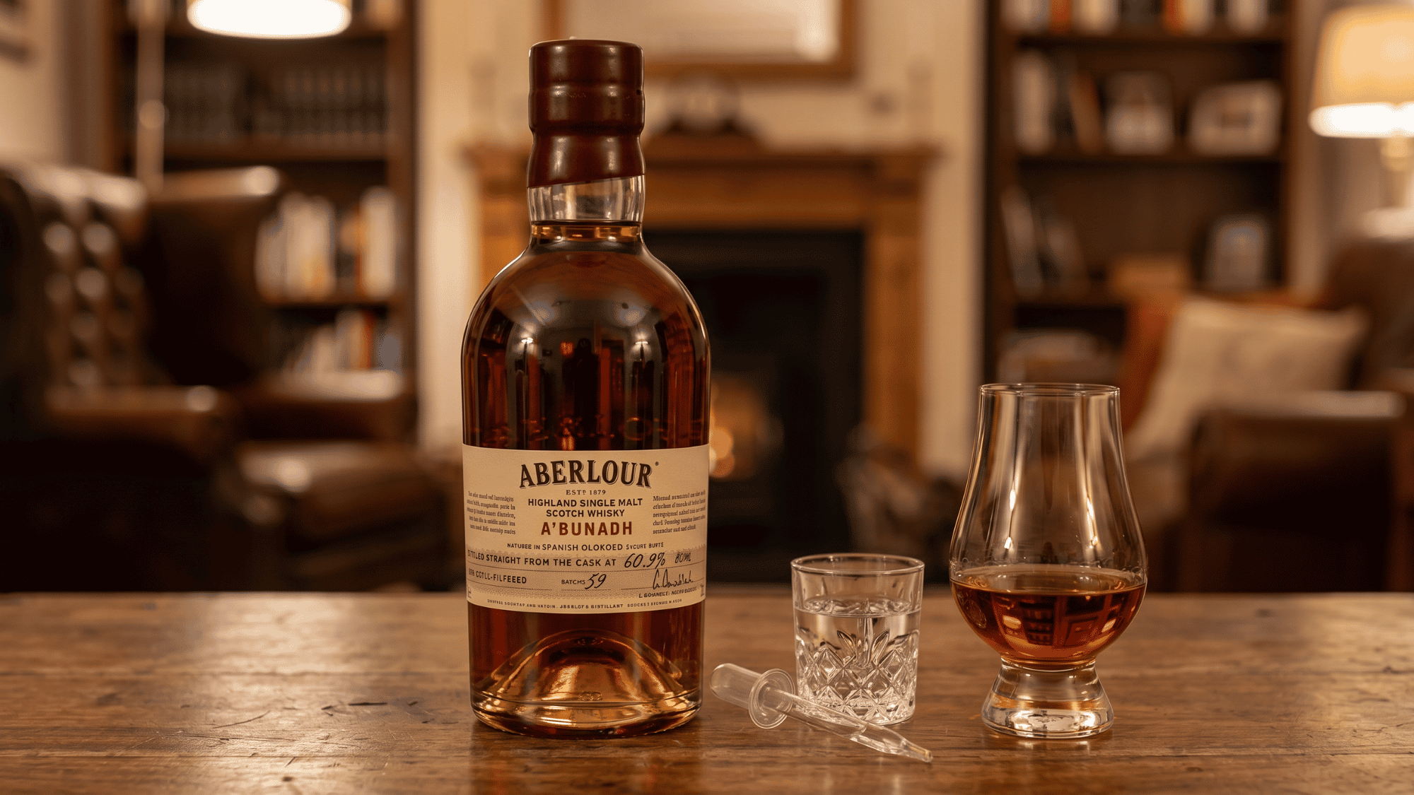 A cask strength whiskey bottle and glass with water dropper on table
