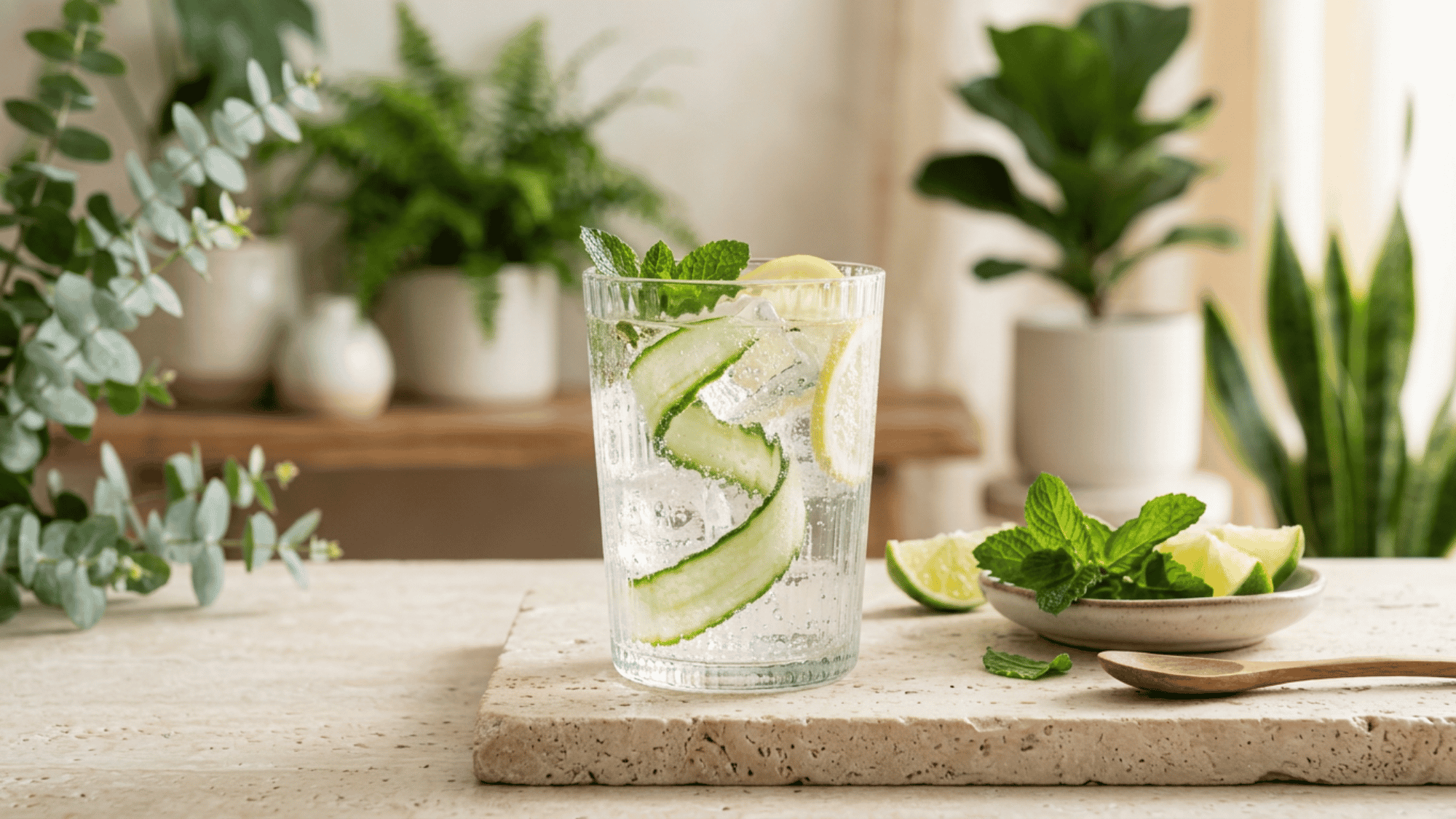 Chilled CBD-infused sparkling water with cucumber slices and fresh mint