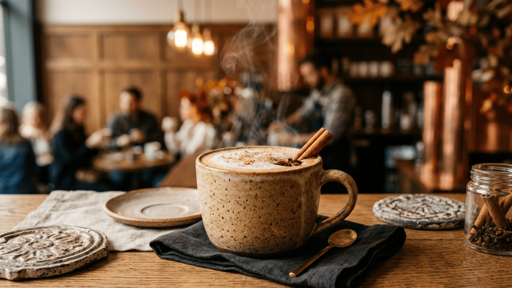 Steaming Chai Apple Cider in a warm mug, topped with frothed milk and a whole cinnamon stick.