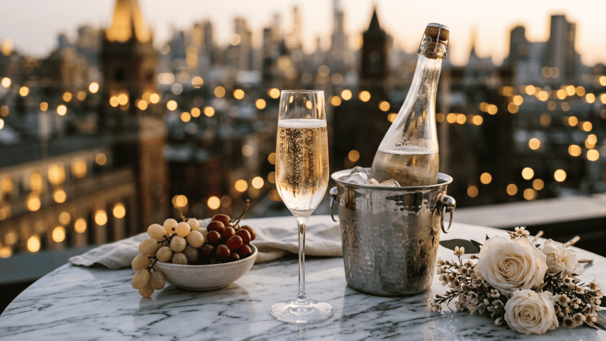 Champagne bottle in ice bucket beside a filled flute glass with bubbles