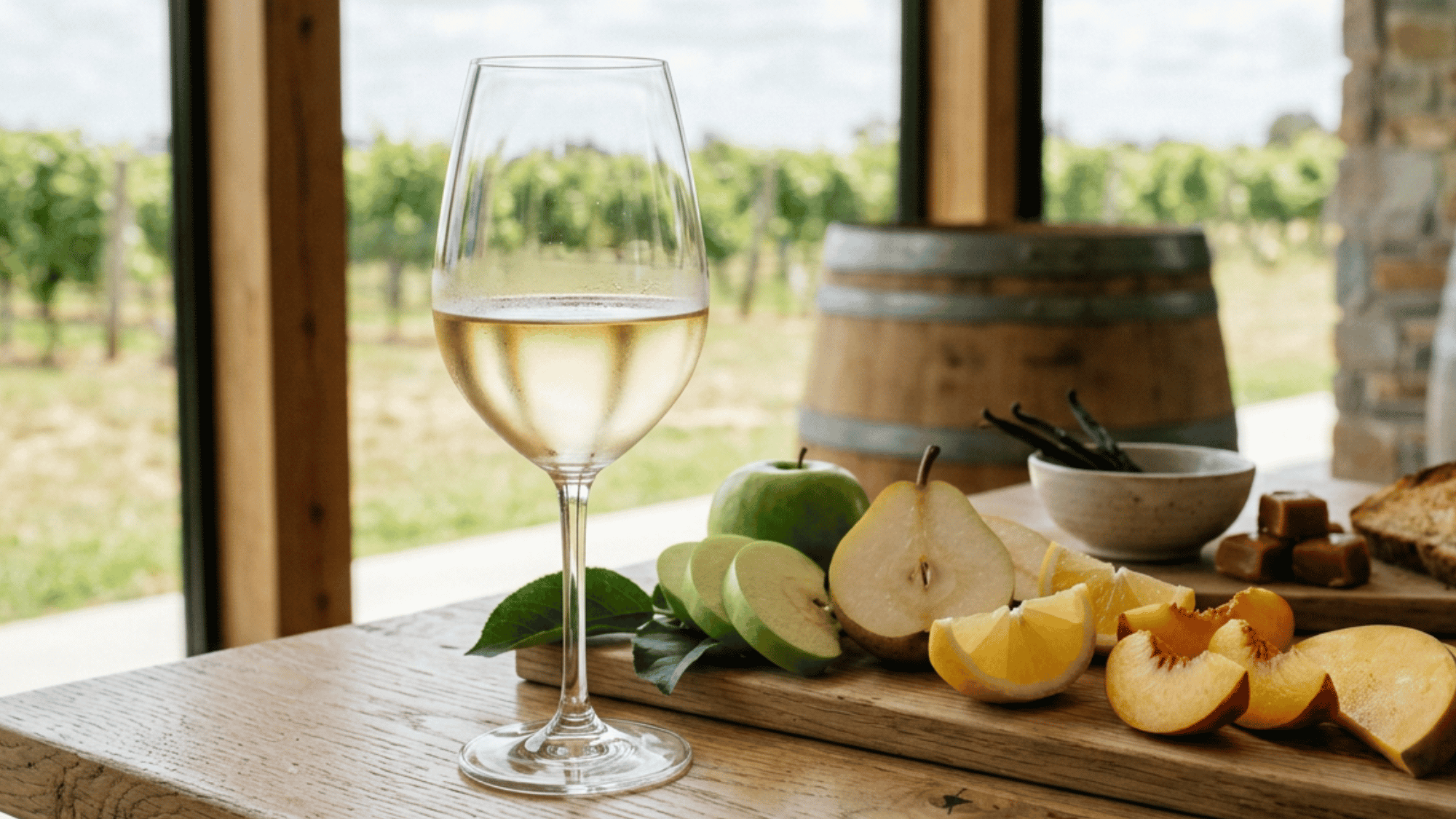 Glass of Chardonnay with apples, pear, citrus, and oak flavors in a vineyard tasting room.