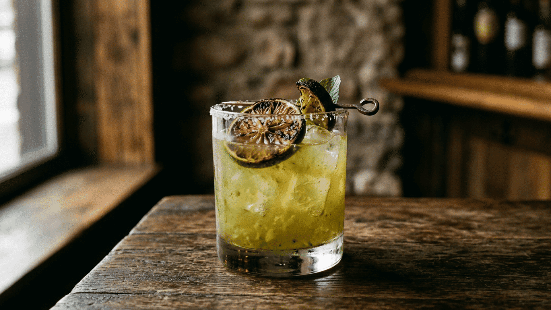 Charred lime margarita with a smoky look and charred lime wheel garnish