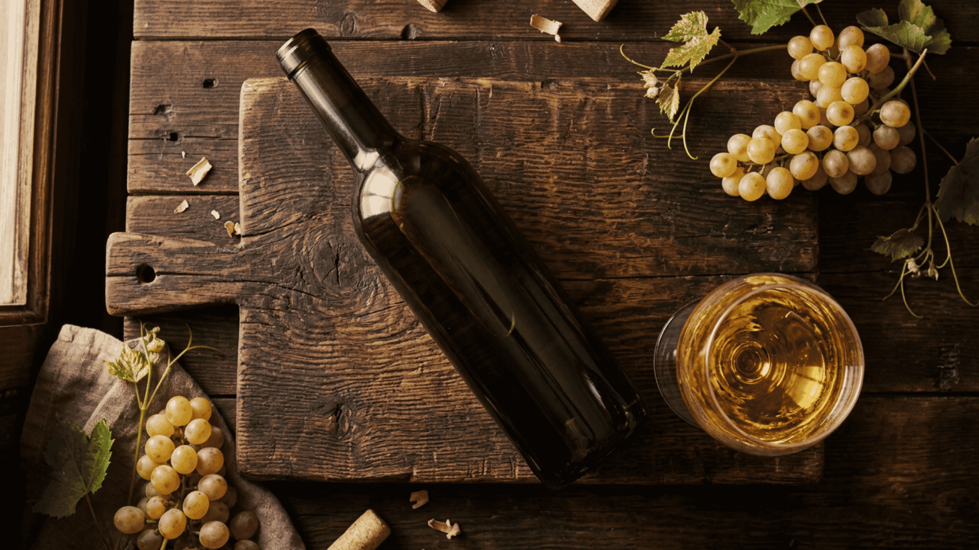 Top view of Chenin Blanc bottle, glass of white wine, grapes, and rustic wooden board.