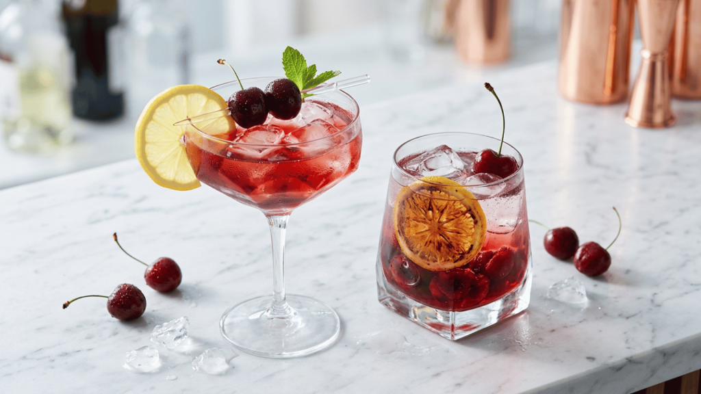Two cherry gin and tonic drinks with ice, lemon slices, and fresh cherry garnish on a light marble counter.