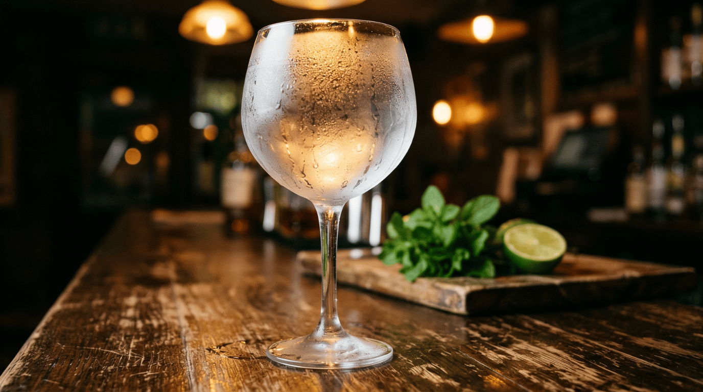 A balloon wine glass filled with ice water sits on a dark wooden bar counter, its surface lightly frosted with condensation.