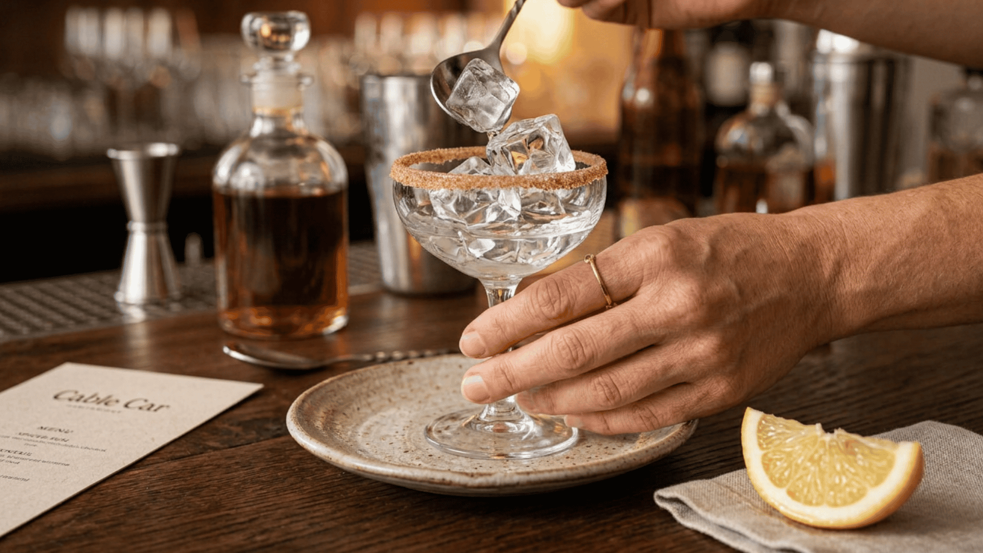 A rimmed coupe cocktail glass filled with ice water to chill before serving.