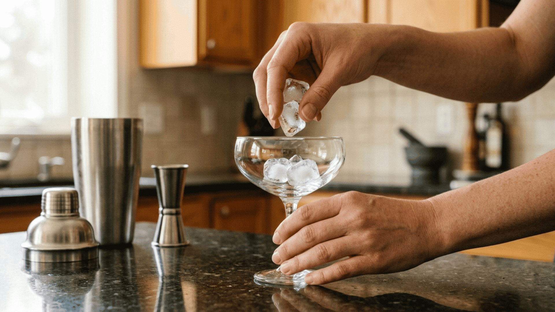 hands placing ice cubes into a coupe glass beside a shaker and jigger