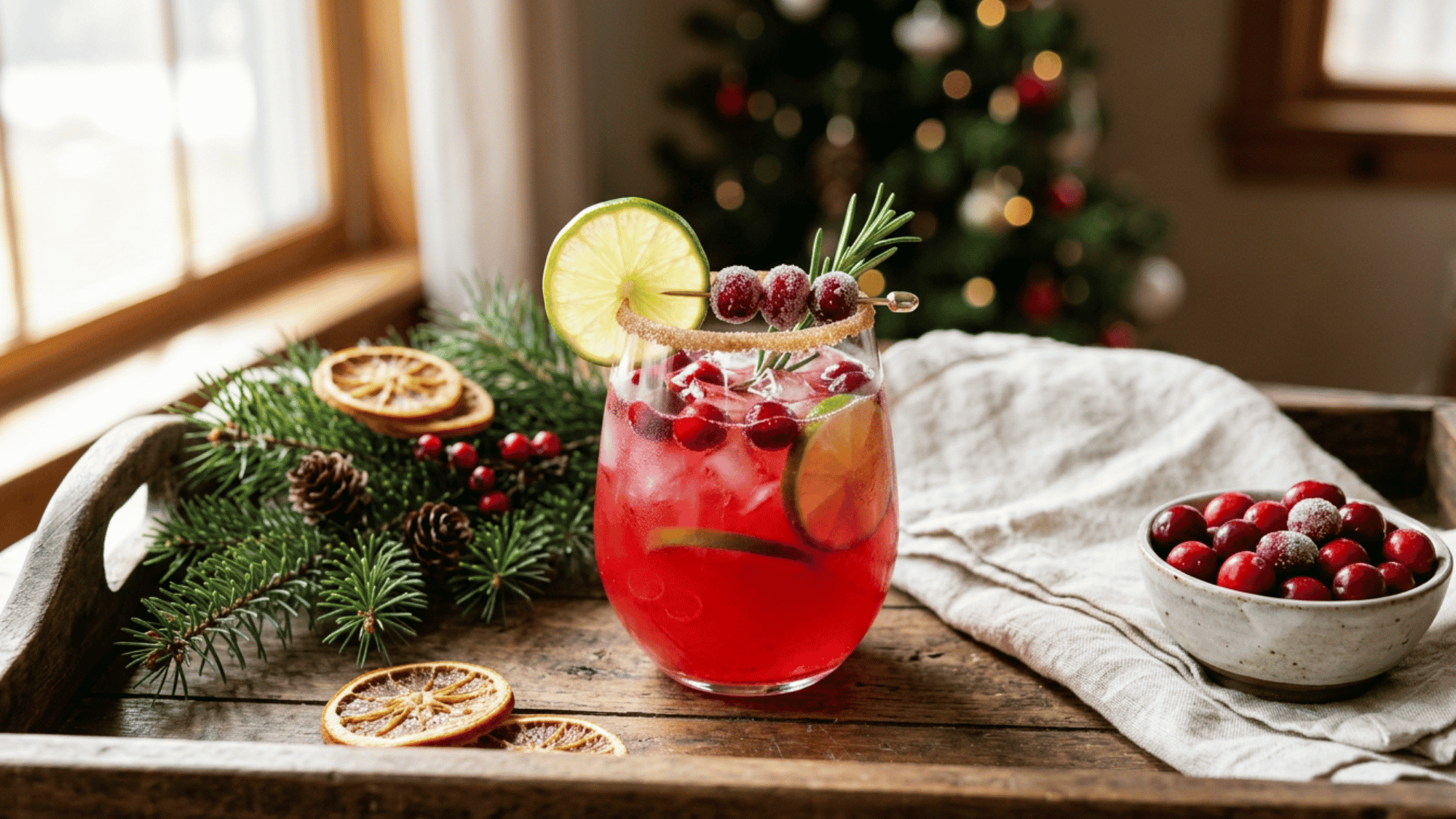 Christmas Margarita with cranberries and lime on a rustic table by a sunny window