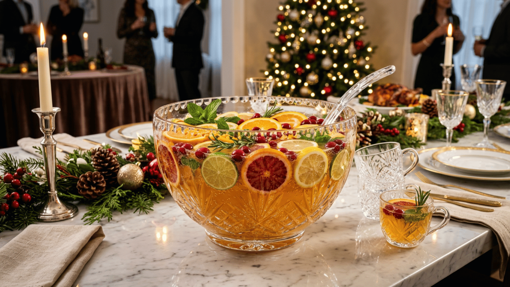 Refreshing Citrus Harvest Punch in a glass with ice, garnished with fresh orange and lemon slices.