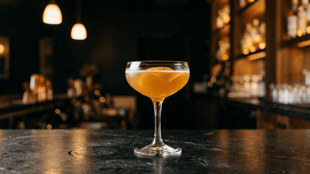 Classic cocktail with citrus garnish on a dark bar counter.