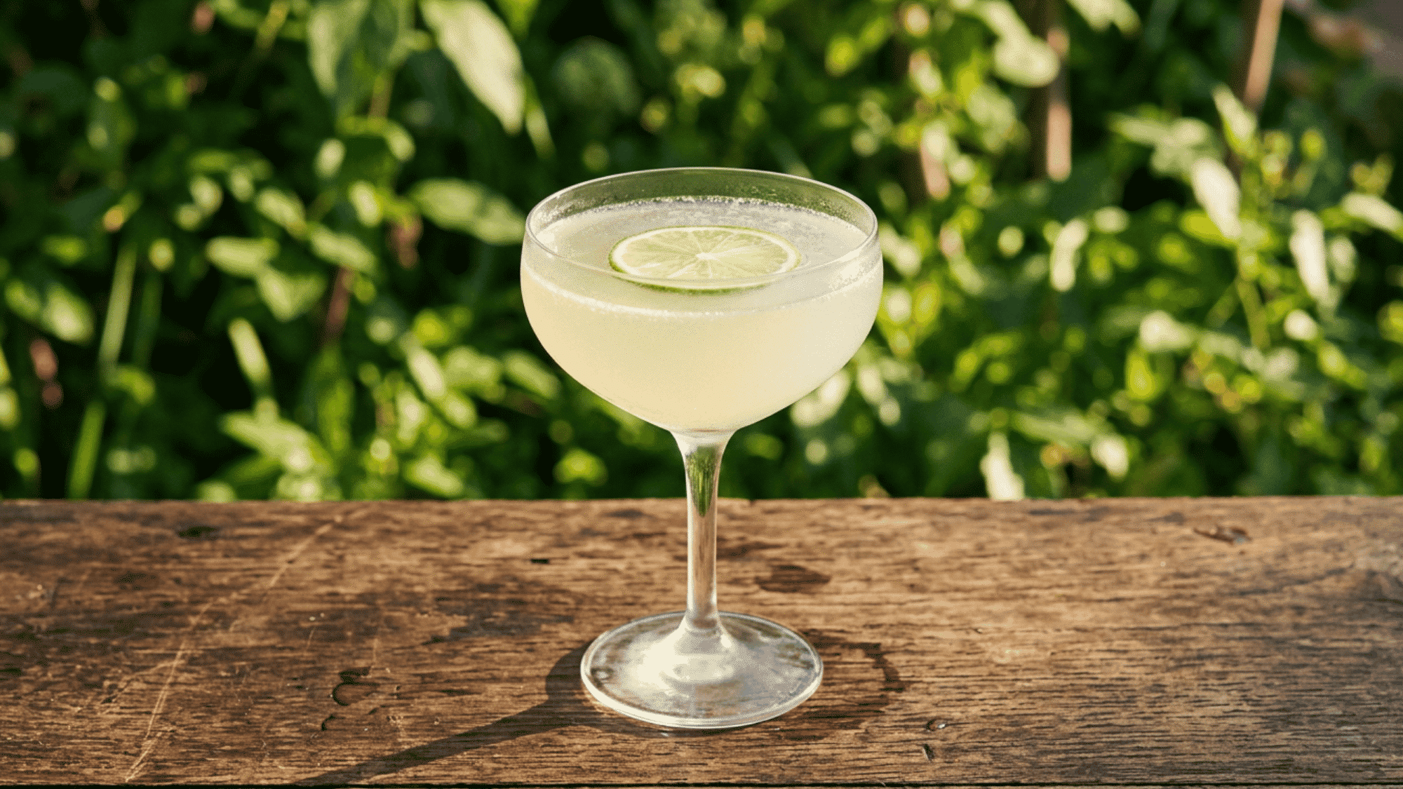 Classic Daiquiri with lime in a chilled coupe glass on a wooden table