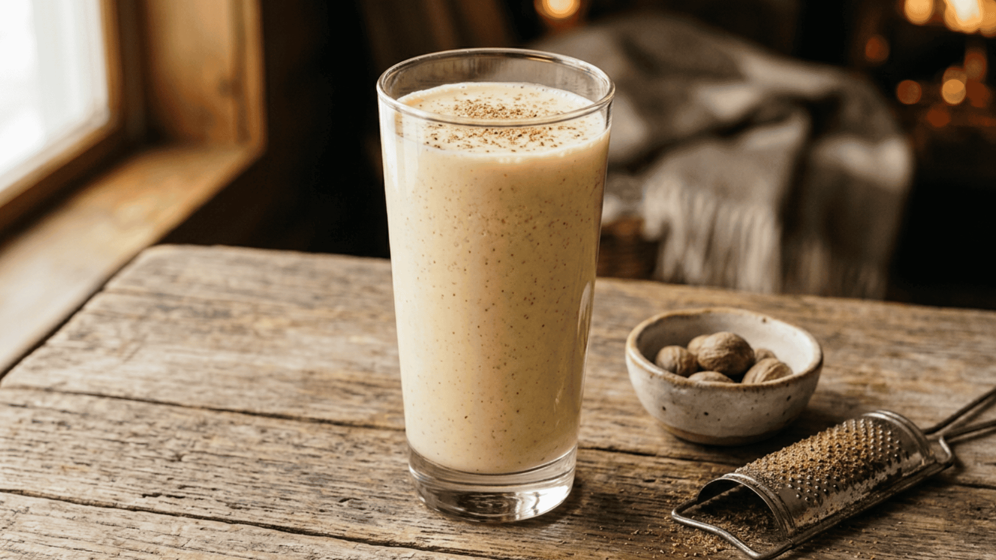 Creamy classic eggnog with nutmeg on a rustic table beside whole nutmeg and grater.