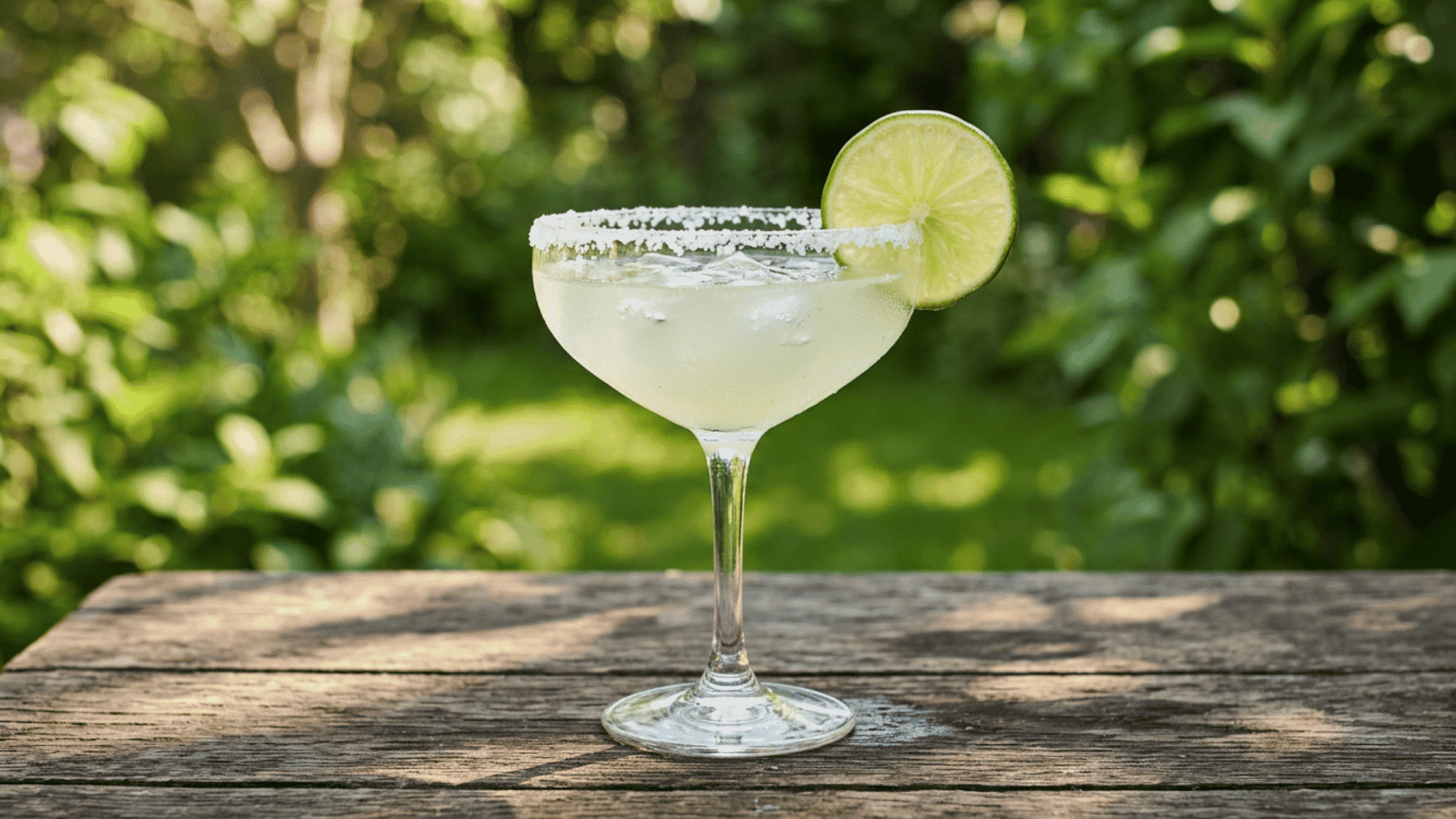 Classic Margarita with lime in a salt-rimmed glass on a wooden table