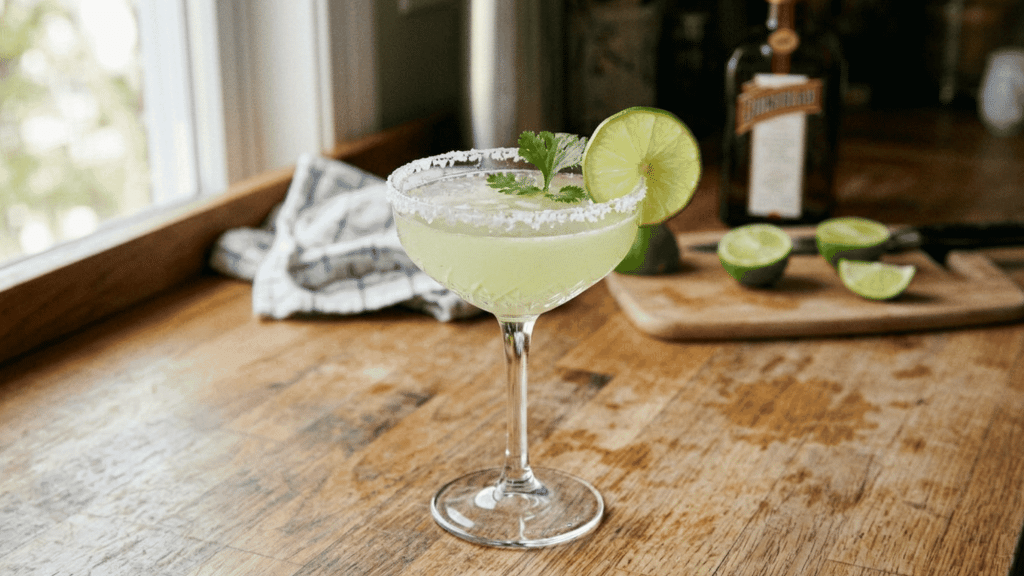 A classic margarita in a salted coupe glass with a lime wheel garnish on a wooden table.
