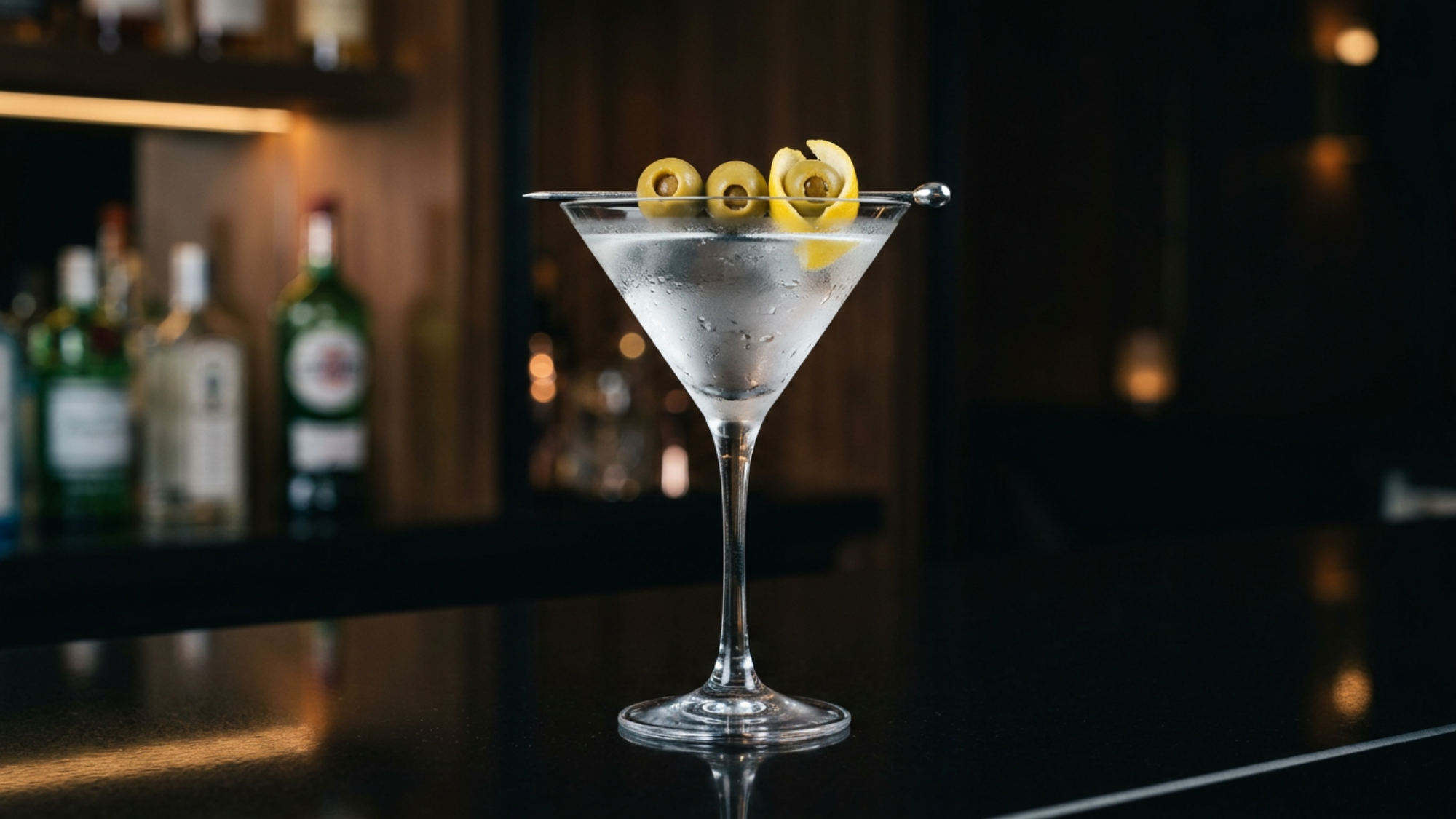 Classic martini with green olives and lemon twist in a chilled cocktail glass