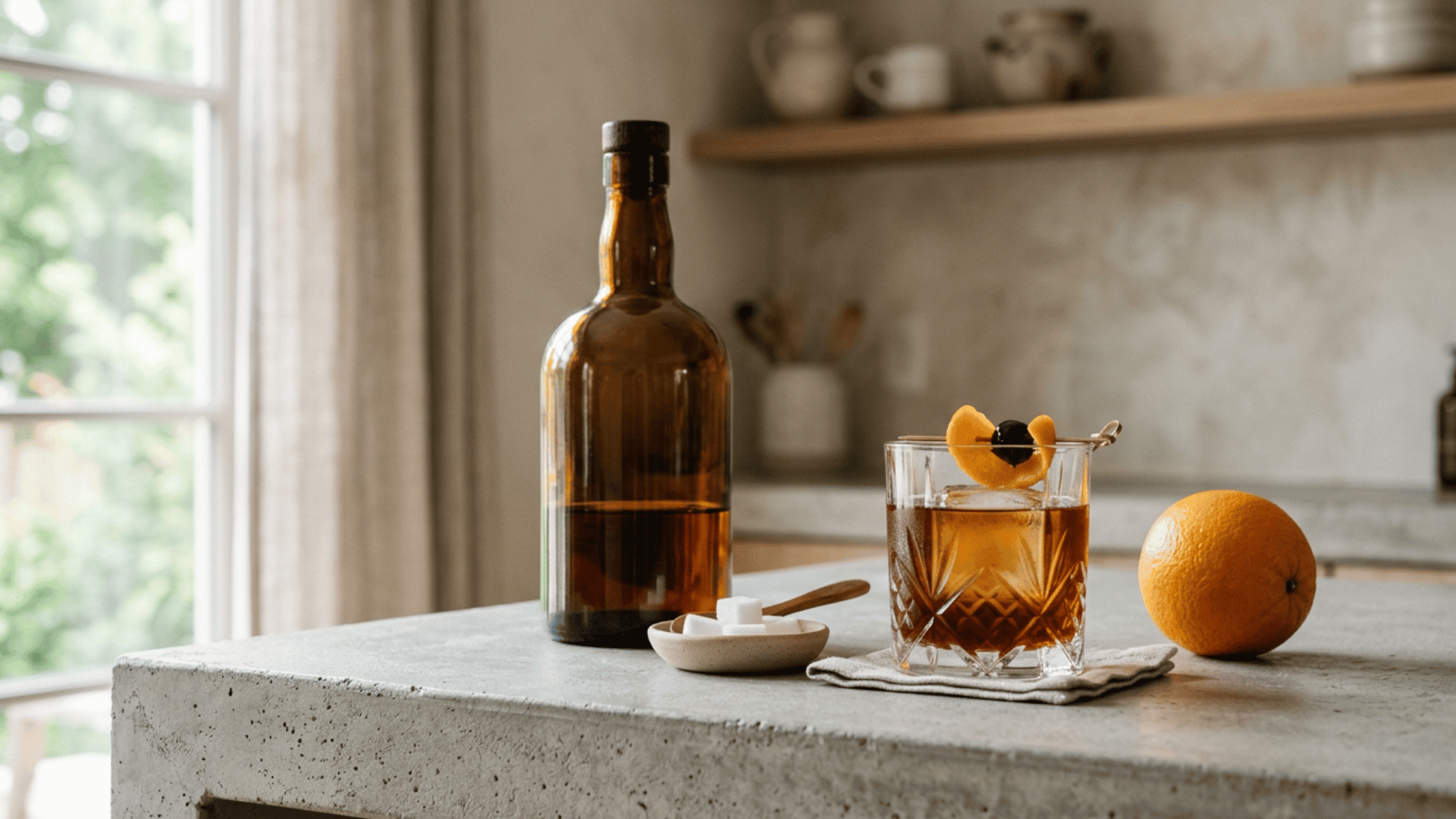 Classic Old Fashioned cocktail with bourbon bottle and orange on a concrete kitchen counter