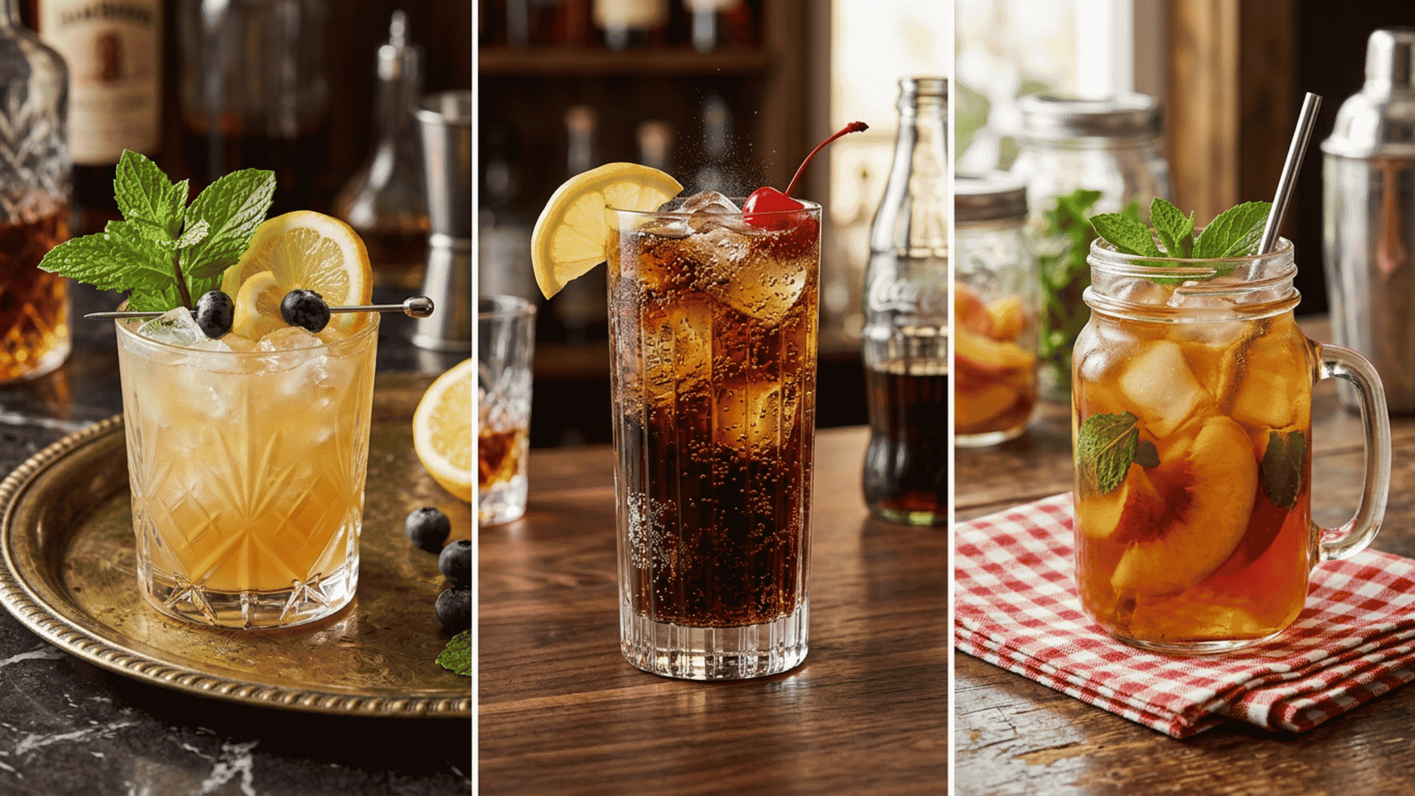 Whiskey lemonade, cola, and peach tea cocktails in rustic bar collage