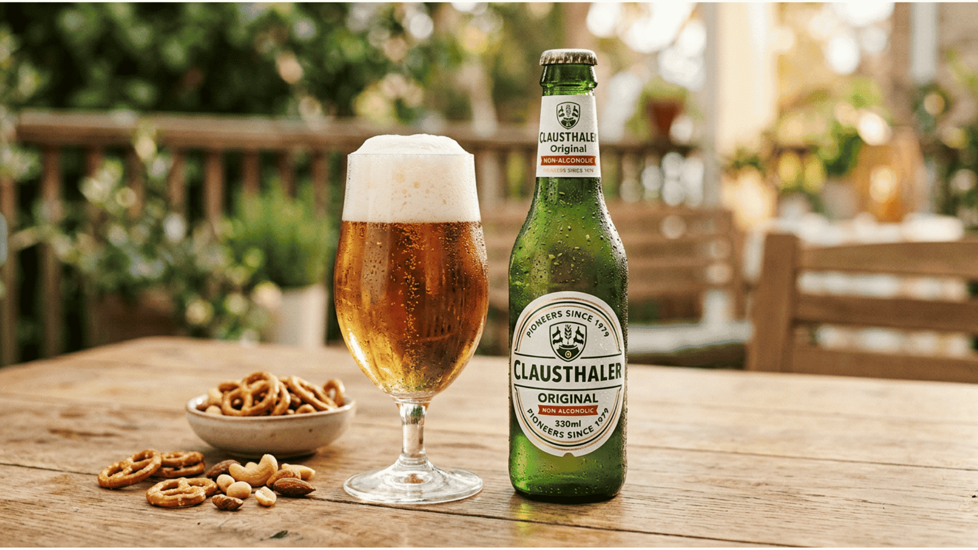 Clausthaler Original bottle beside foamy non-alcoholic beer and snacks